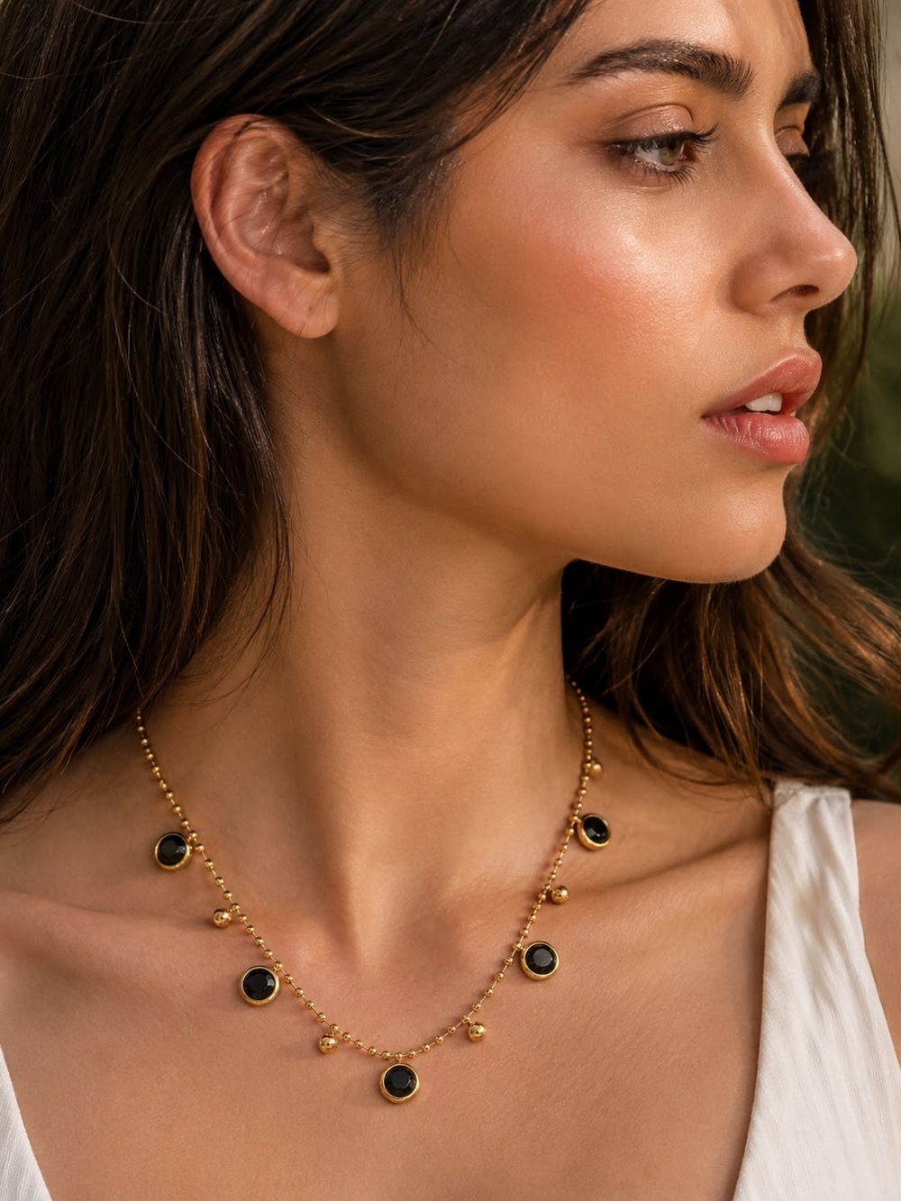 Gold Necklace with Black Stone Accents - Women Jewelry